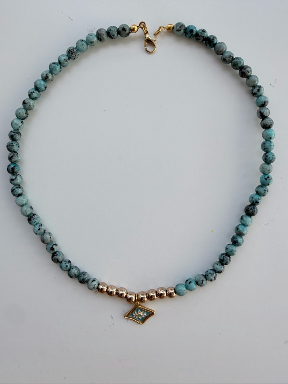 Natural Stone Turquoise Beaded Evil Eye Necklace – Gold Tone